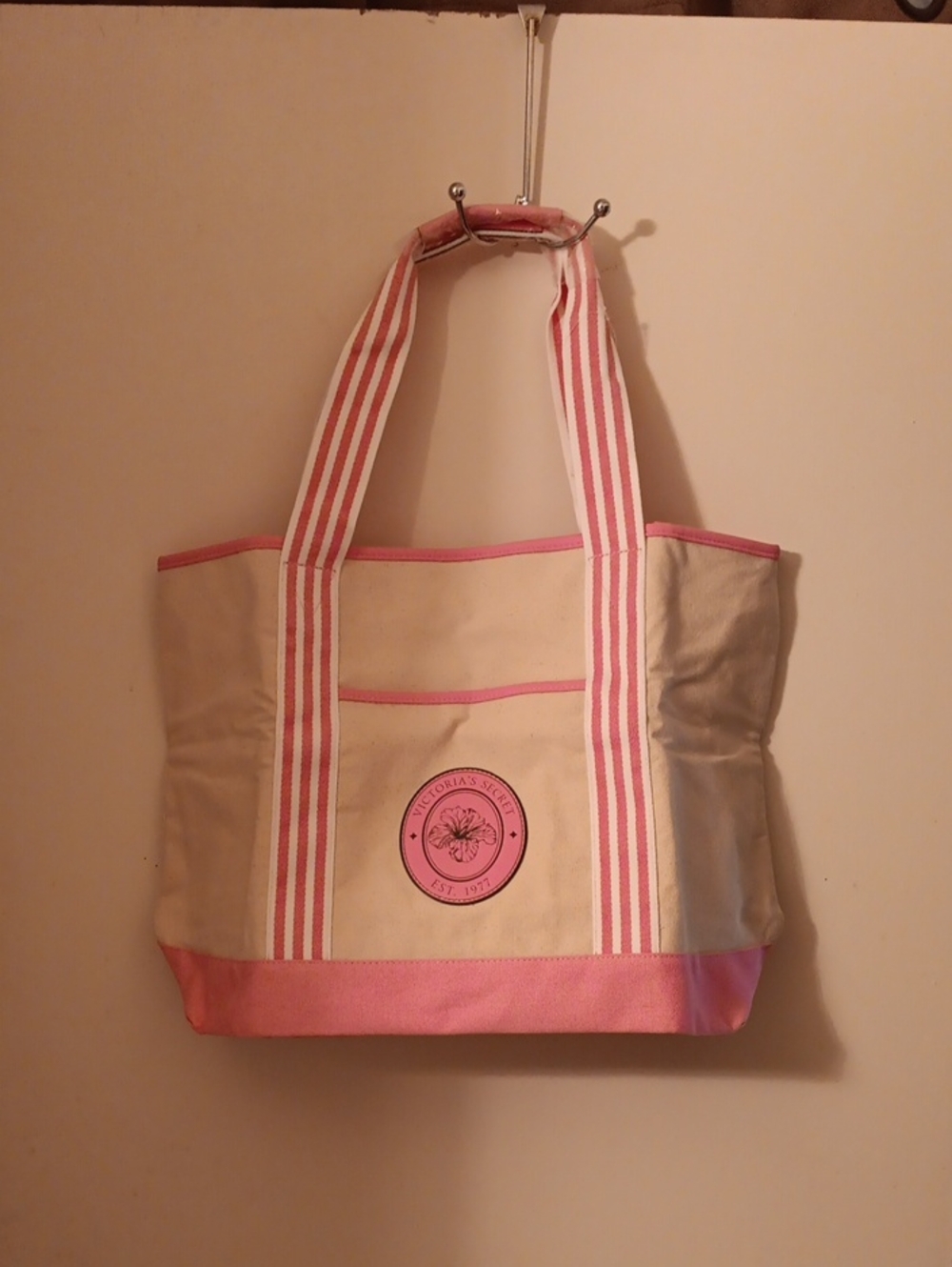 Victoria's Secret Cream and Pink Canvas Tote